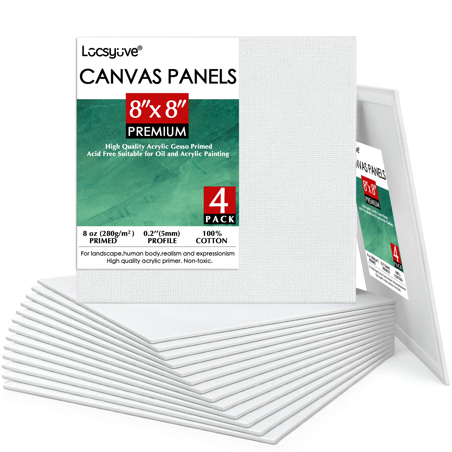 회화를위한 Locsyuve 캔버스 보드, 4, 8x8 인치, 사각 빈 캔버스 패널, 100% 코튼, 8 oz Gesso-Primed